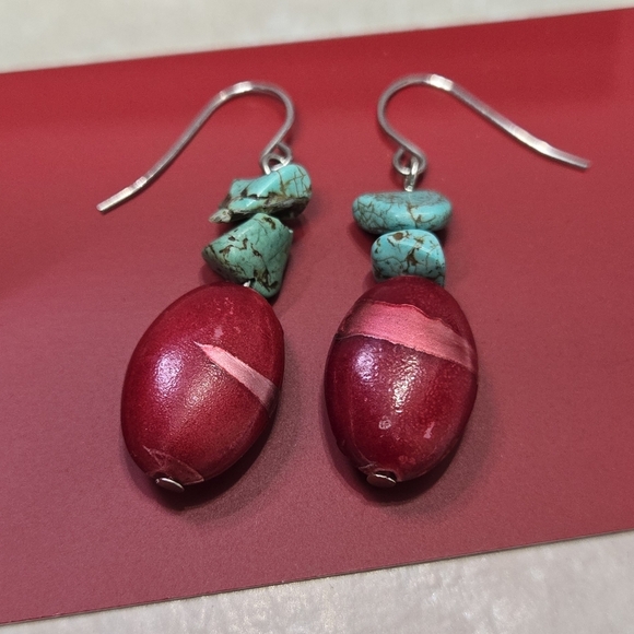 Vintage Red Bead and Turquoise Dangle Earrings Inclued Extra 925 Silver Hooks - Picture 13 of 17